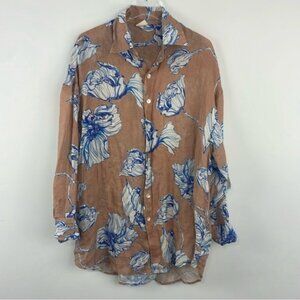 🆕 INDIGO SWIMWEAR Collard Blue Floral Tan 100% Linen Beach Coverup Shirt